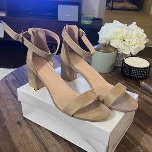 Women Buckle Heeled Sandals, Elegant Khaki Faux Suede Ankle Strap Sandals